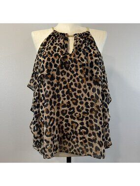 Thalia Sodi Chain Neck Tank Womens Sz XL Leopard Print Ruffle Chiffon Blouse NWT